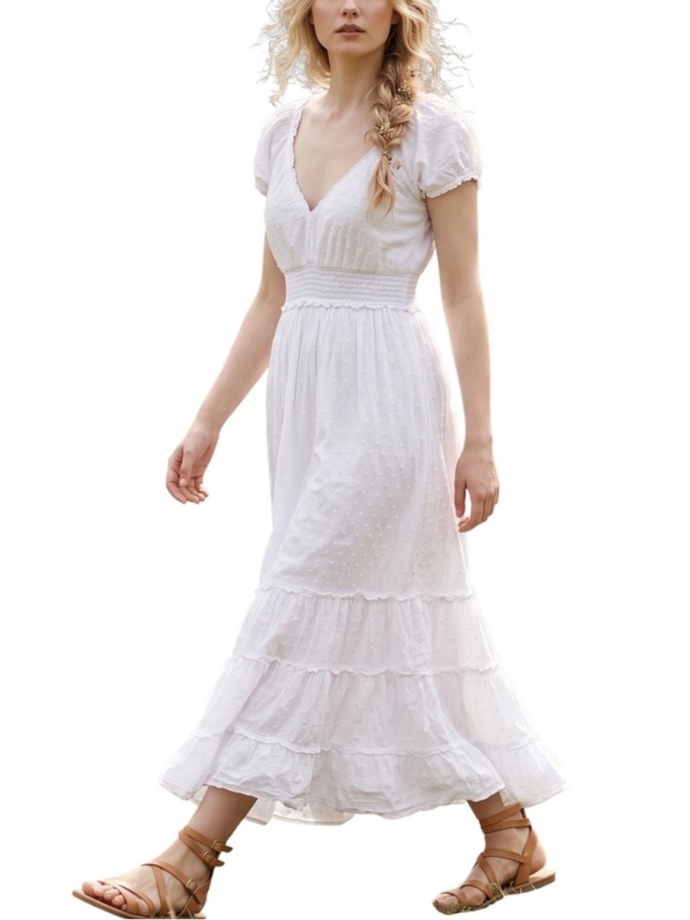 BETSEY JOHNSON White Midi Smocked-Waist Cotton Dress Size Medium Swiss Dot